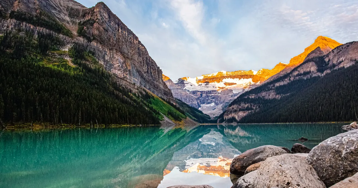 The lakeshore at Lake Louise beneath Victoria Glacier